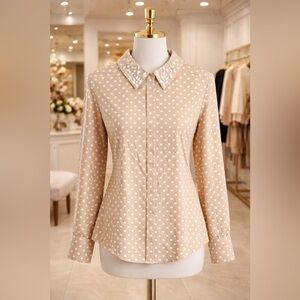 Lane Bryant Beige Polka Dot Button-Down Blouse